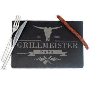 Schieferplatte – Schiefertafel mit Wunschgravur – Grillecke – personalisiert – Geschenk - Geschenkidee– Lasergravur – Grillmeister – Grill - Namensschild