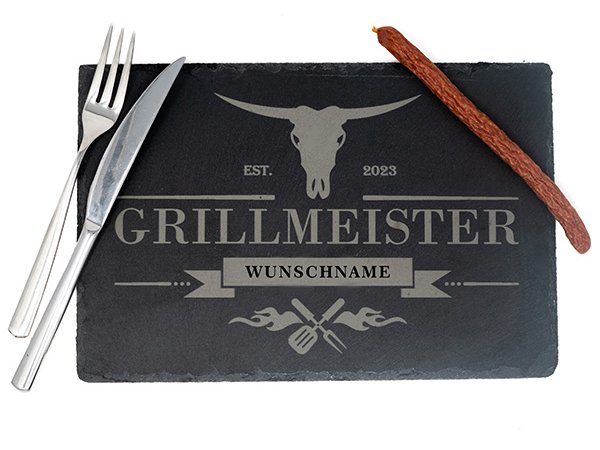 Schieferplatte – Schiefertafel mit Wunschgravur – Grillecke – personalisiert – Geschenk - Geschenkidee– Lasergravur – Grillmeister – Grill - Namensschild